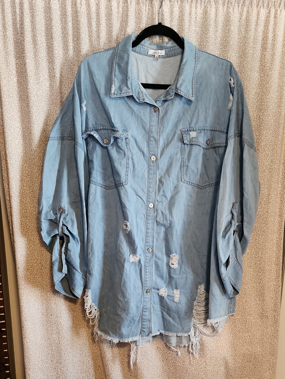 white birch Light Blue Distressed Denim Button-Down Shirt